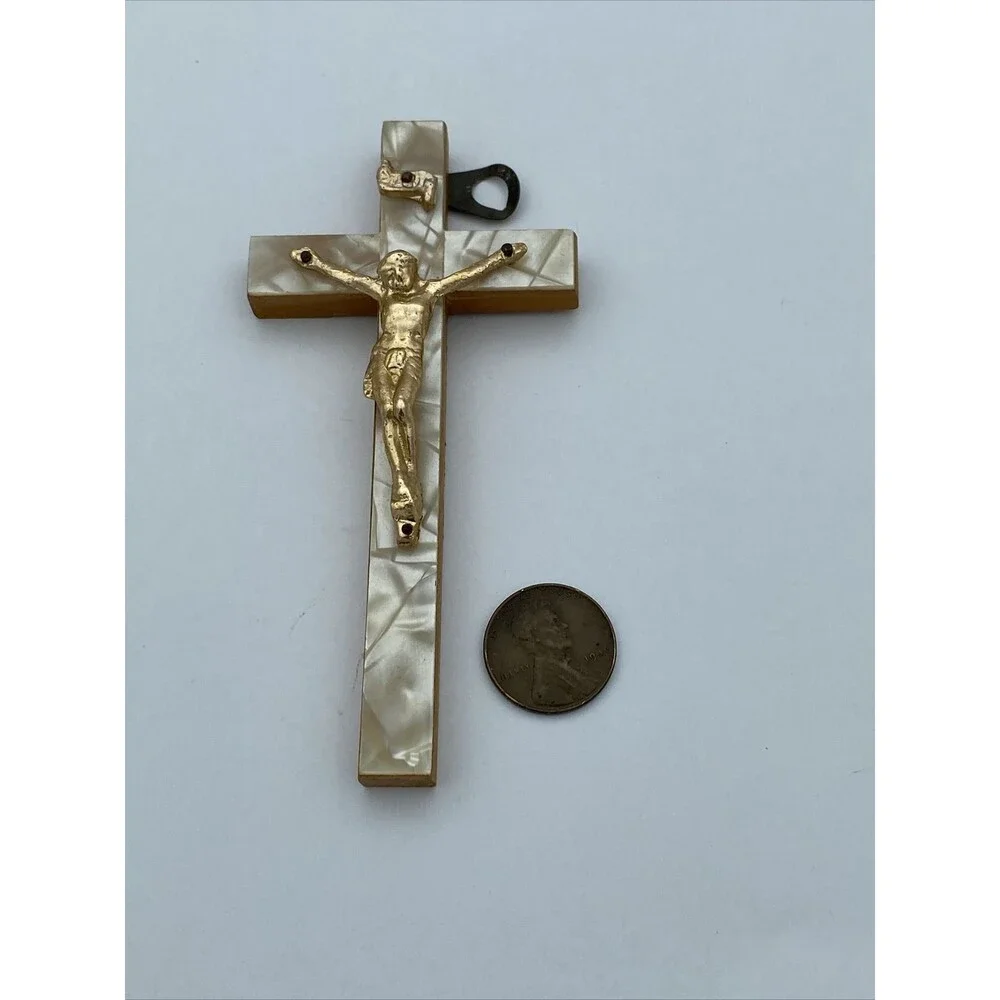 Beautiful Vintage Wood Crucifix with Mother Of Pearl - God Bless